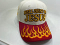 Cap with 'Hell Bent on Jesus' text and flame design on a white background