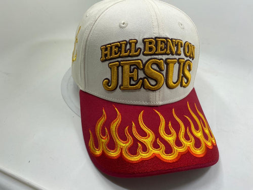 Cap with 'Hell Bent on Jesus' text and flame design on a white background